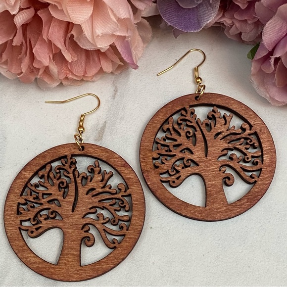 Boho Hand Carved Round Wood Tree of Life Earrings - Picture 7 of 8